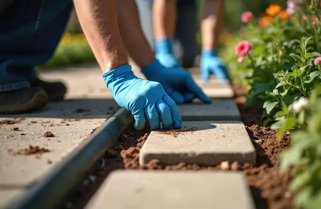 Installing paver edging along a garden walkway